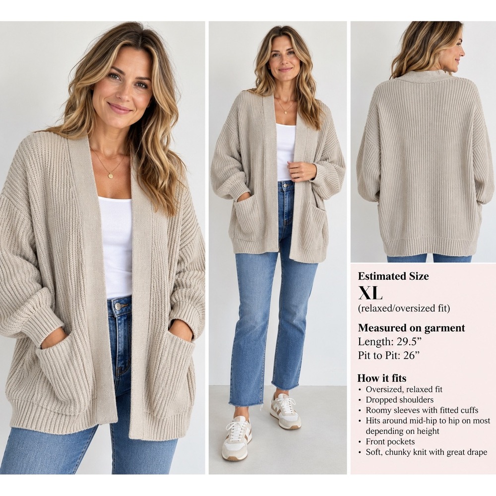 Quince Womens Ribbed Knit Oversized Open Front Cardigan Oatmeal Beige Pockets XL
